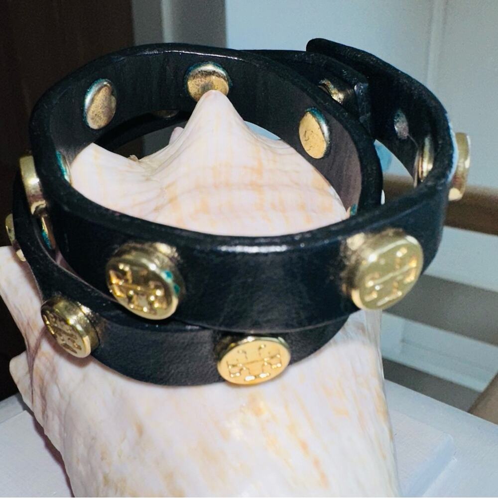 Tory Burch - Leather Double Wrap Logo Studded Bracelet, Black and Gold